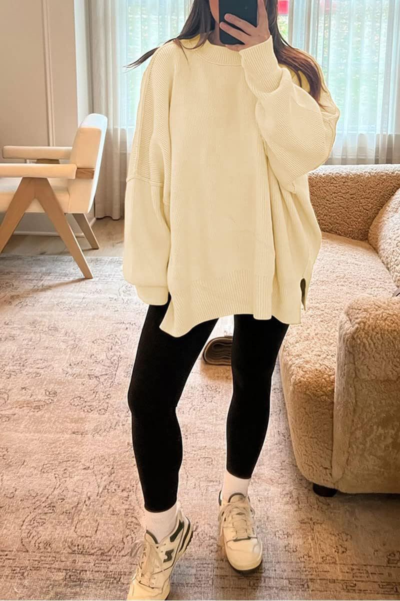Women's Crewneck Batwing Sleeve Side Slit Loose Knit Sweater