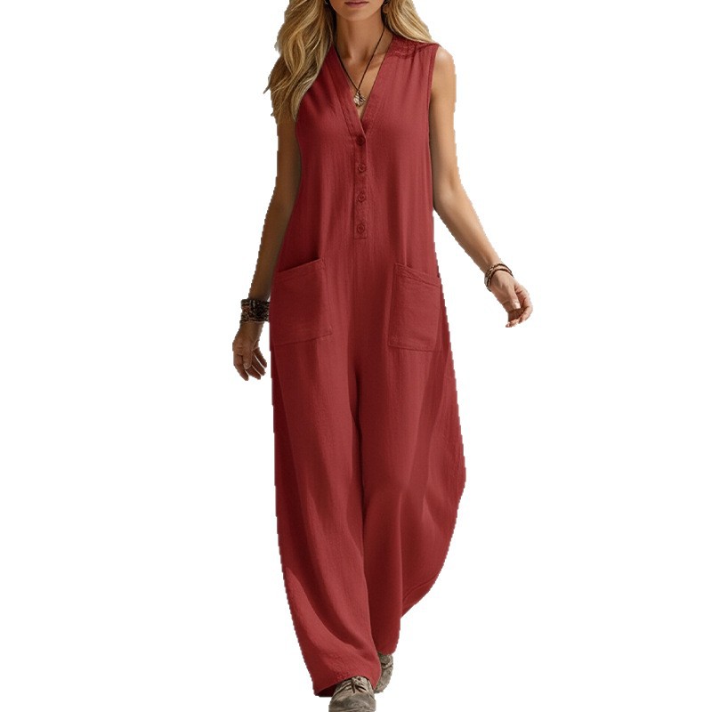 Women's Sleeveless V-Neck Wide-Leg Jumpsuit Solid Color