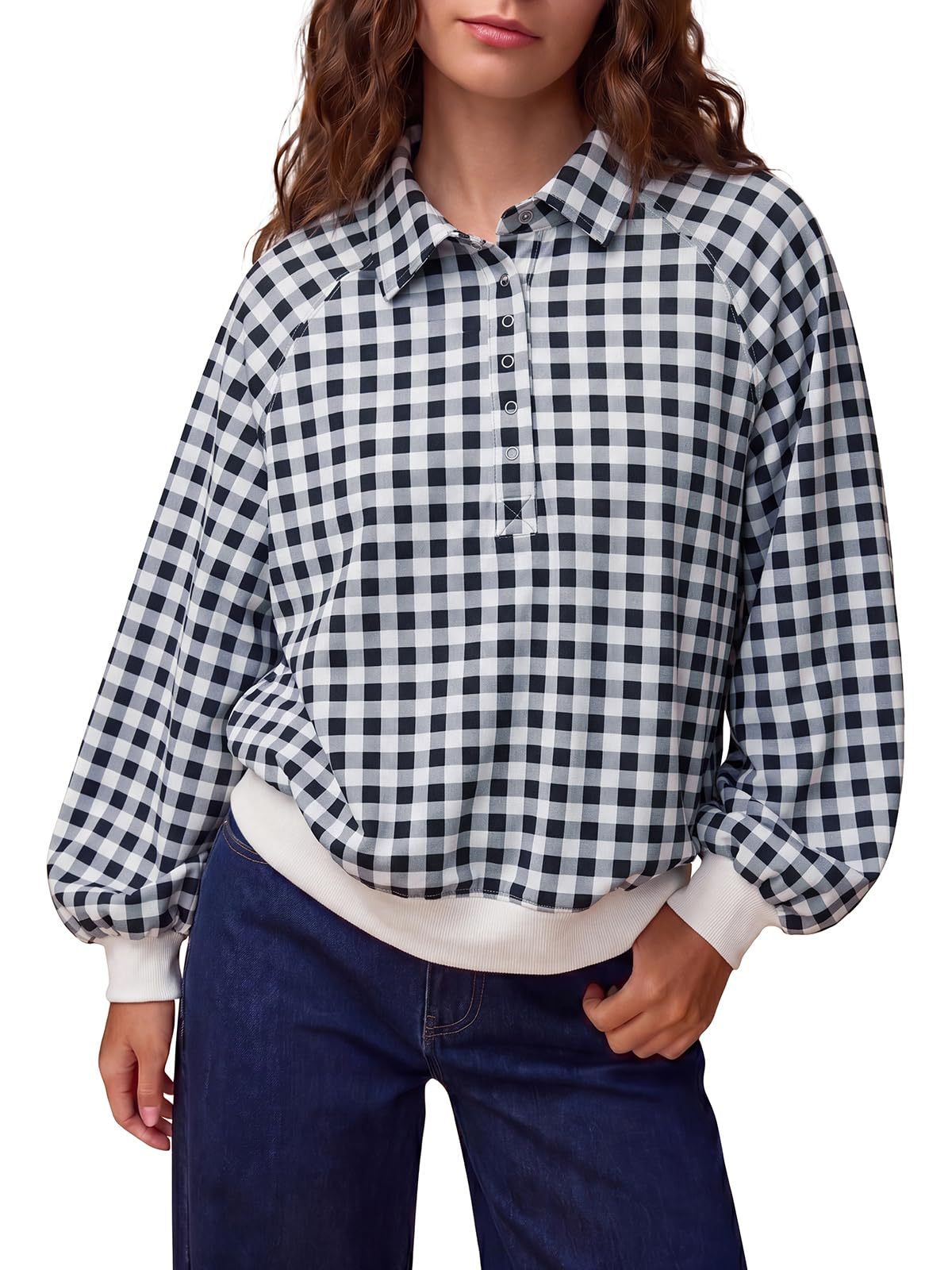 Women's Plaid Polo Neck Loose Long Sleeve Pullover Sweatshirt