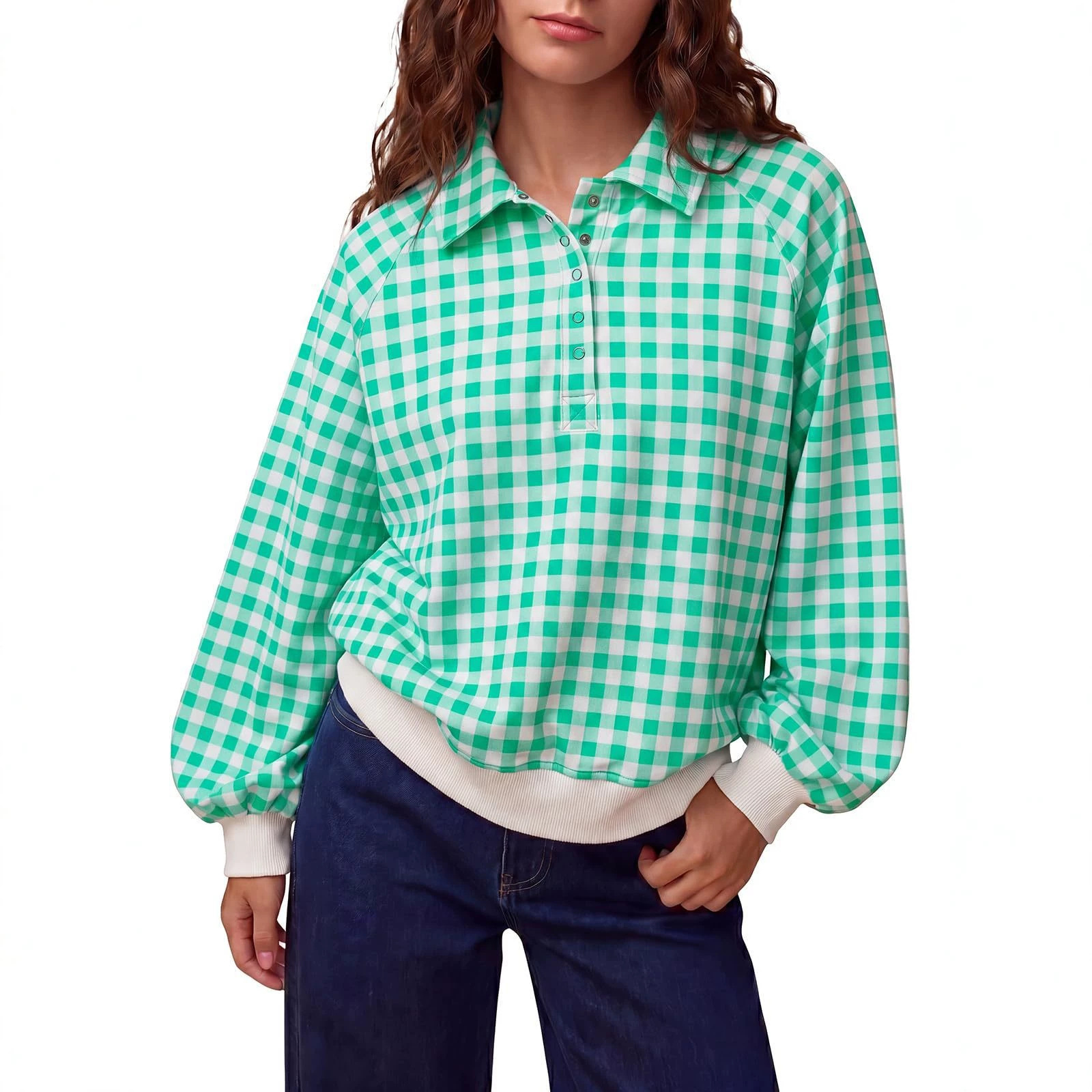 Women's Plaid Polo Neck Loose Long Sleeve Pullover Sweatshirt