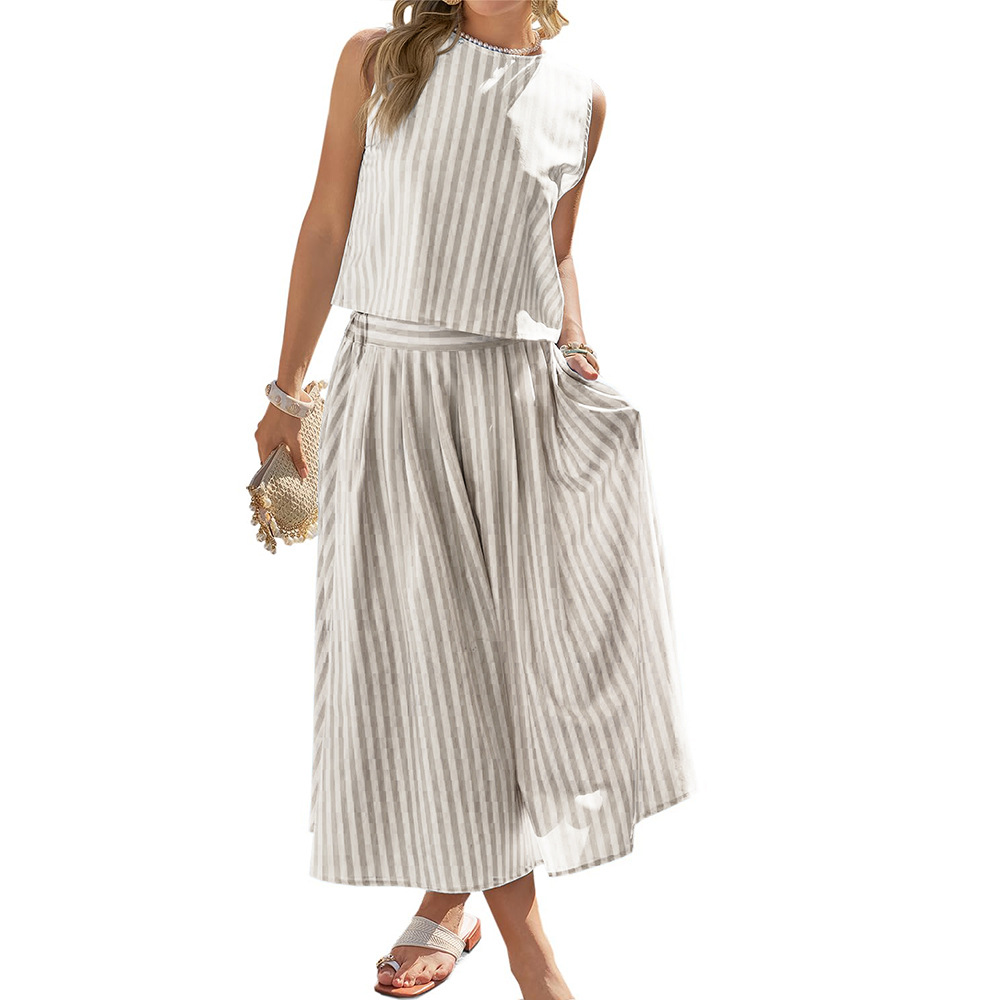 Striped Sleeveless Tank Top and A-Line Midi Skirt Two-Piece Set