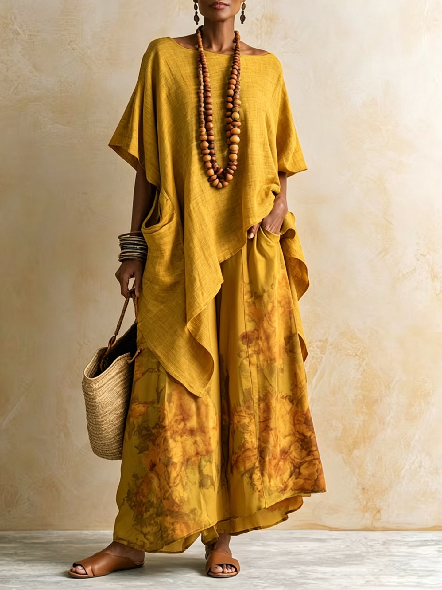Women's Printed Linen Two-Piece Set with Loose Wide-Leg Pants
