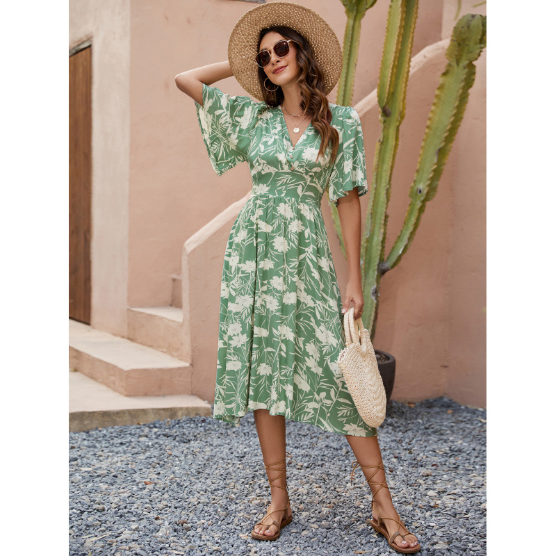Boho Geometric Print V-Neck Short Sleeve Cinched Waist Midi Dress