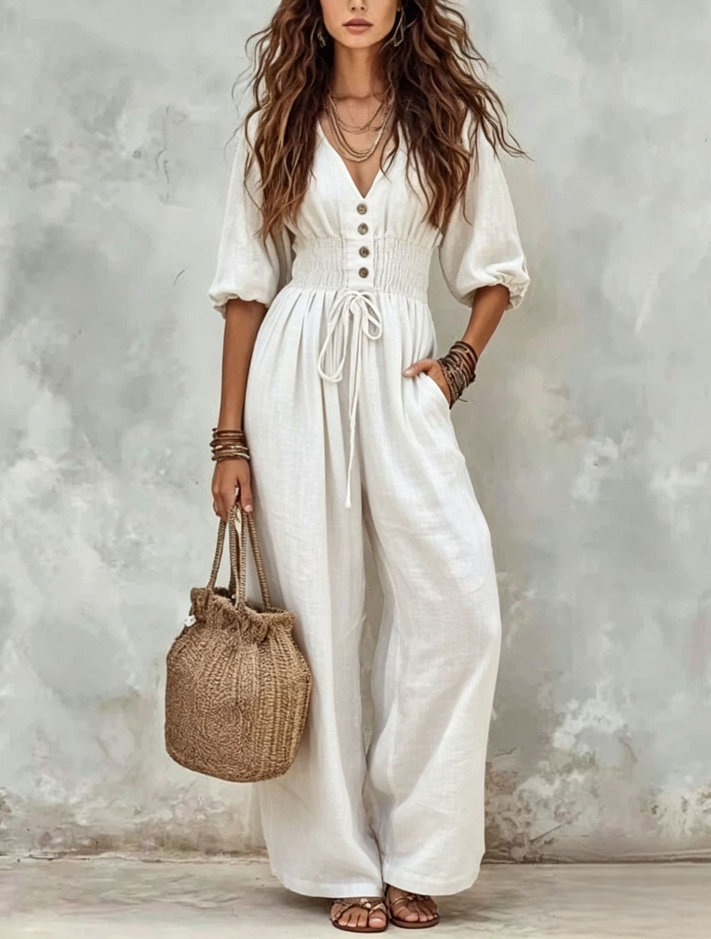 Lantern Sleeve Drawstring Waist Wide Leg V-Neck Jumpsuit