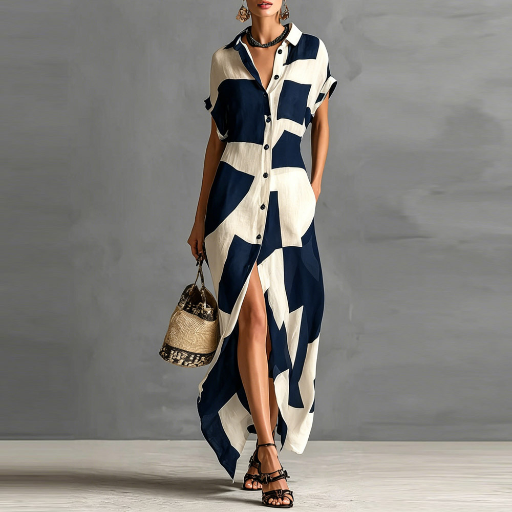 Geometric Print Shirt Dress Short Sleeve Long Casual Vacation Dress