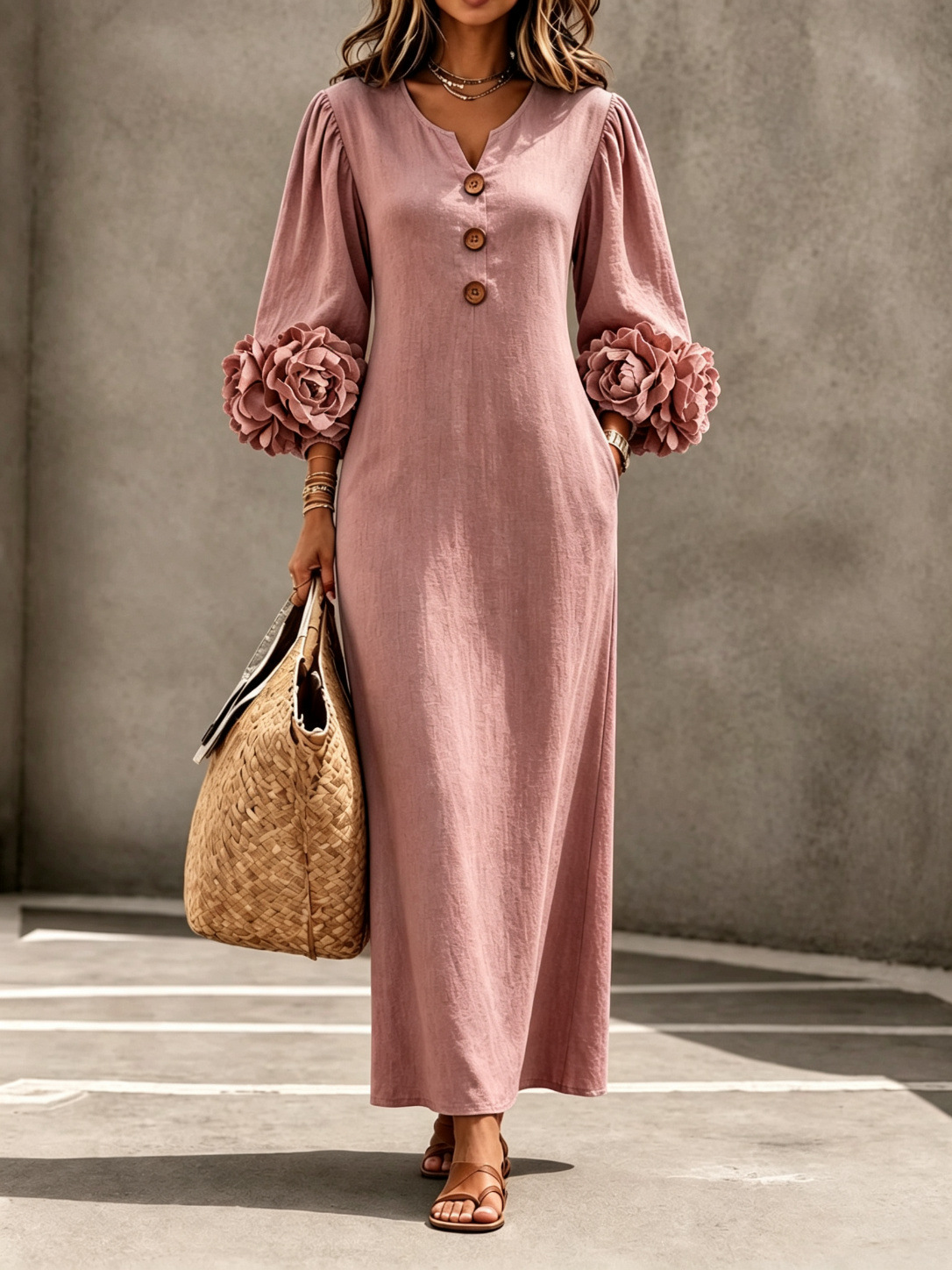 V-Neck 3D Floral Lantern Sleeve A-Line Maxi Dress
