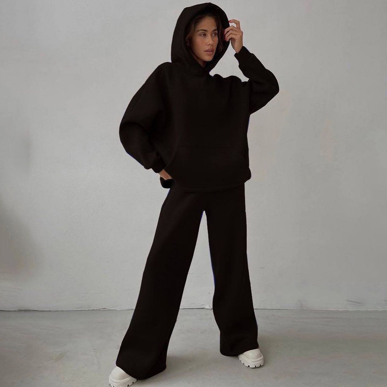 Women's Casual Hooded Long Sleeve Wide Leg Pants Two-Piece Set