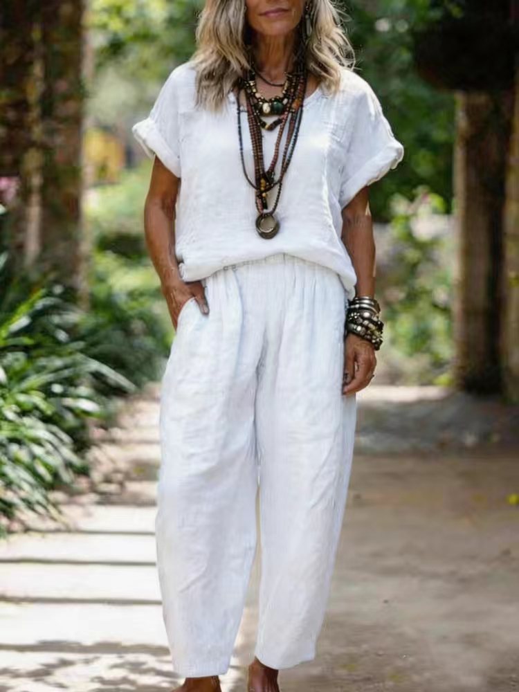 Women's Cotton-Linen Short Sleeve Crewneck Top and Straight-Leg Pants Set