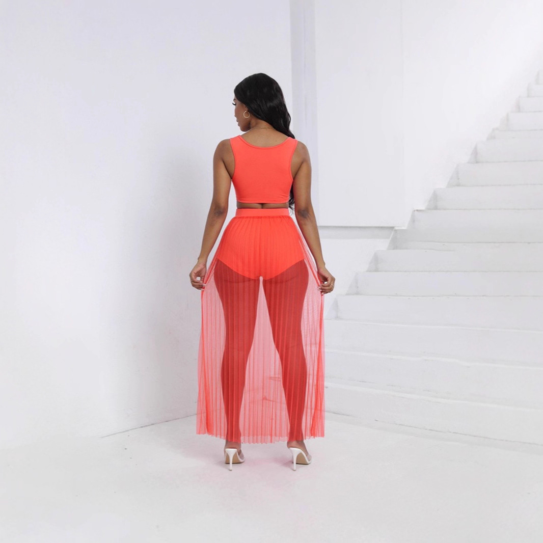 Women's Sheer Pleated Mesh Tank Top Skirt Shorts 3-Piece Set