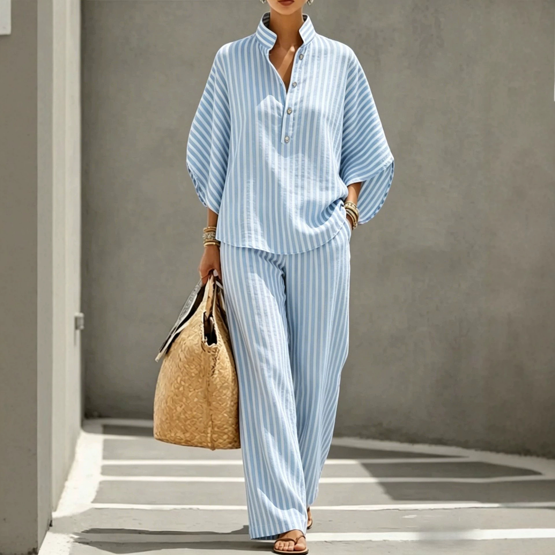 Women's Striped Shirt and Pants Set Casual Vacation Outfit