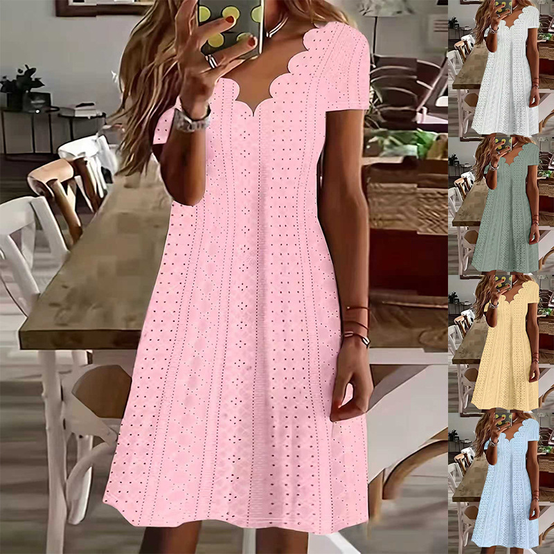 Women's Casual Loose Round Neck Hollow-Out Jacquard Short Sleeve A-Line Dress