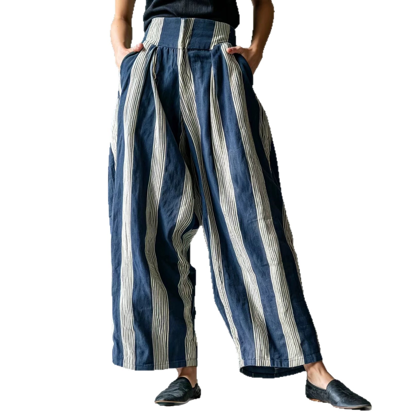 Women's Loose Striped Wide-Leg Pants Casual Vacation Linen-Blend High Waist
