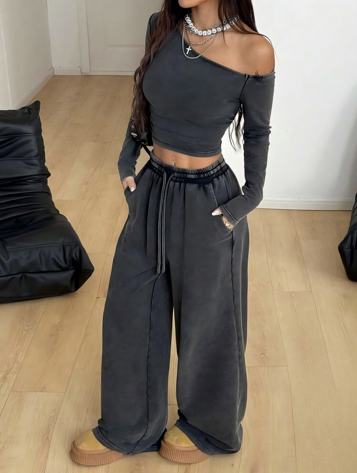 Washed Off-Shoulder Top & Wide-Leg Pants Lounge Set