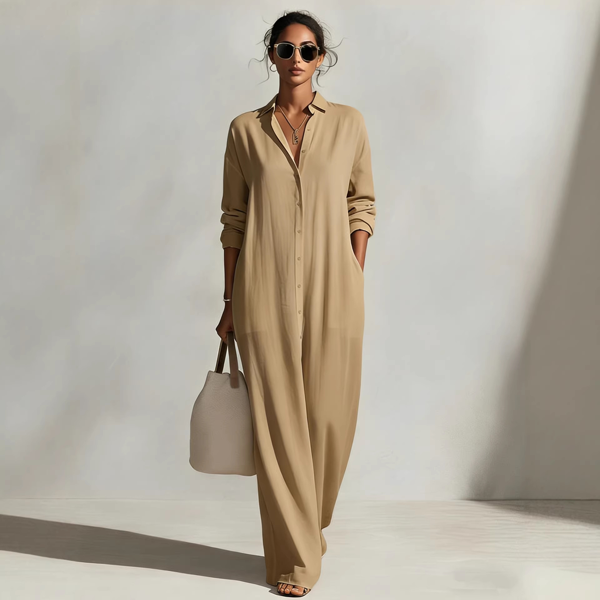 Women's Long Sleeve Polo Neck Shirt Dress Casual Solid Color Long Dress