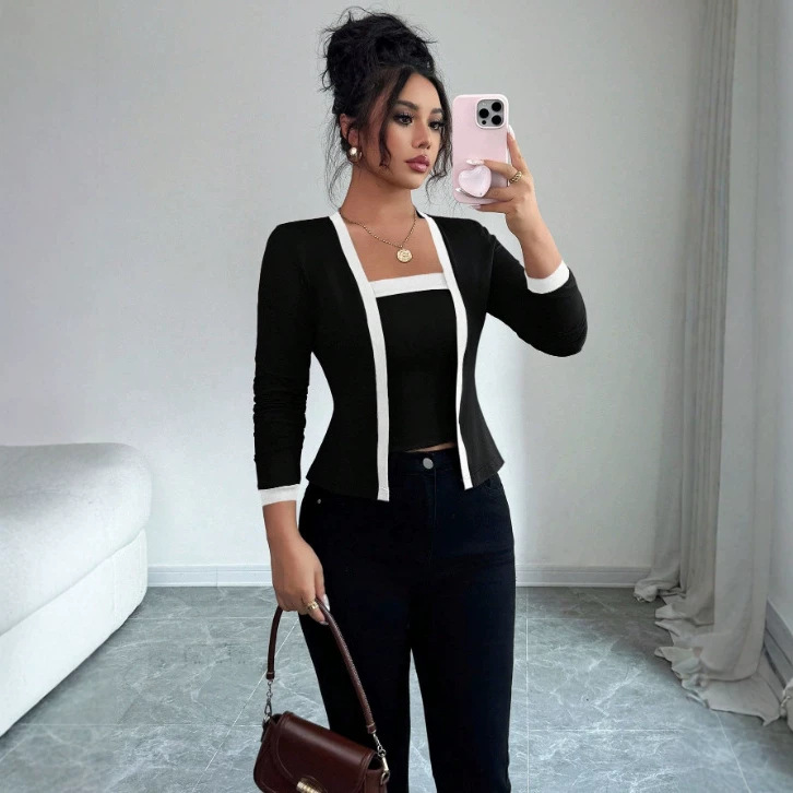 Women's Knit Patchwork Cardigan Jacket and Vest Two-Piece Set