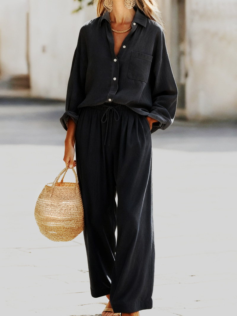 Women's Solid Color Faux Linen Long Sleeve Shirt and Pants Set