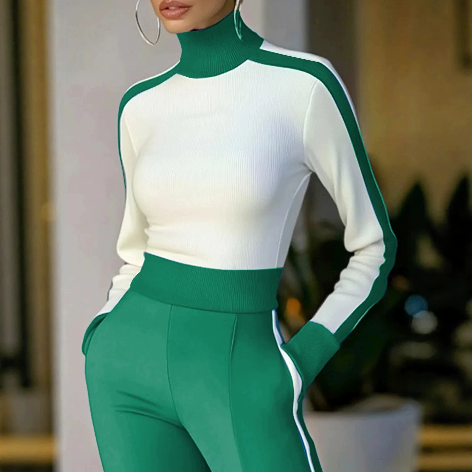 Elegant Color-Block Knit Two-Piece Set with Fitted Pants