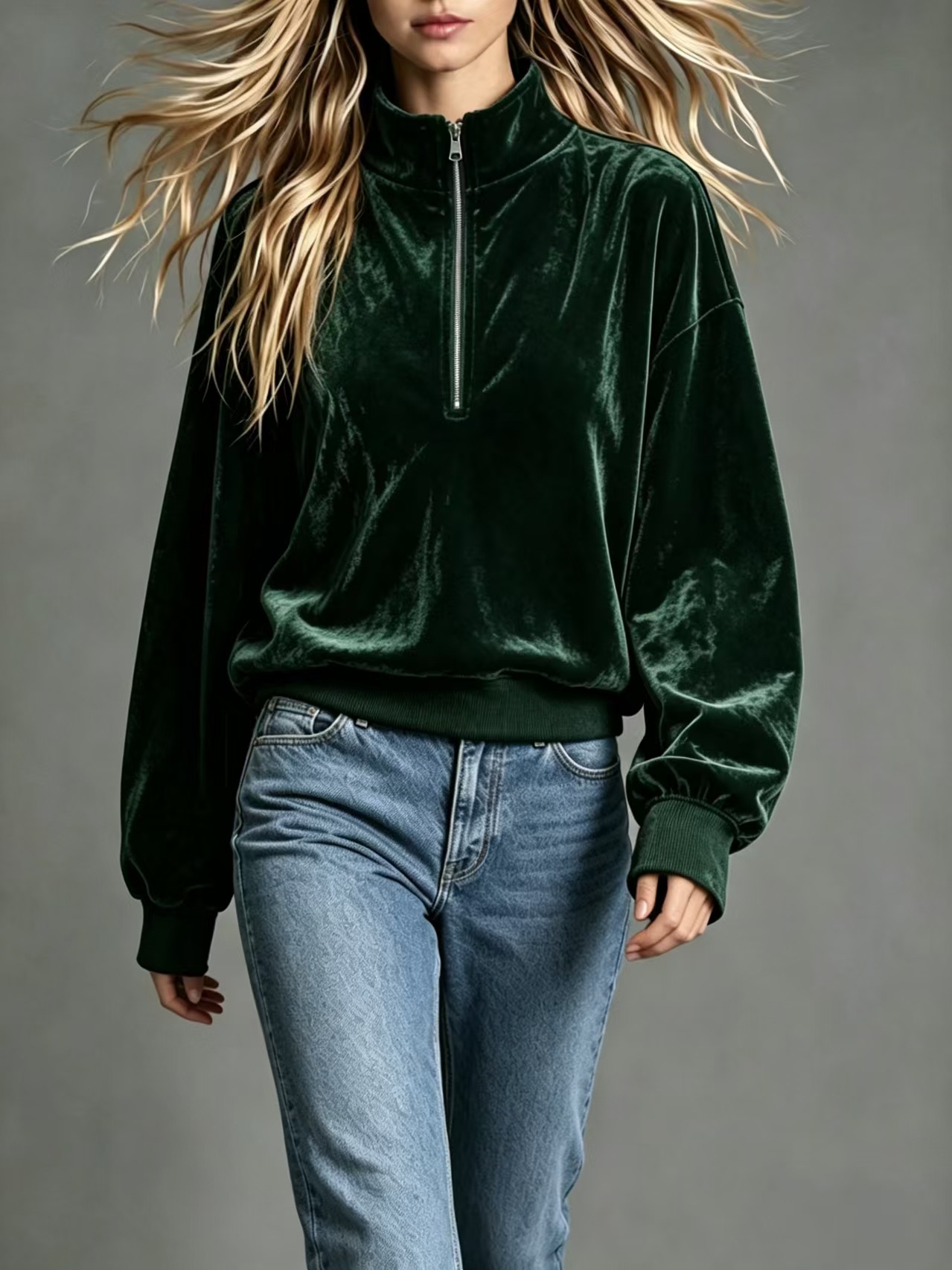 Women's Velvet Zip-Up Stand Collar Loose Long Sleeve Solid Color Casual Sweatshirt
