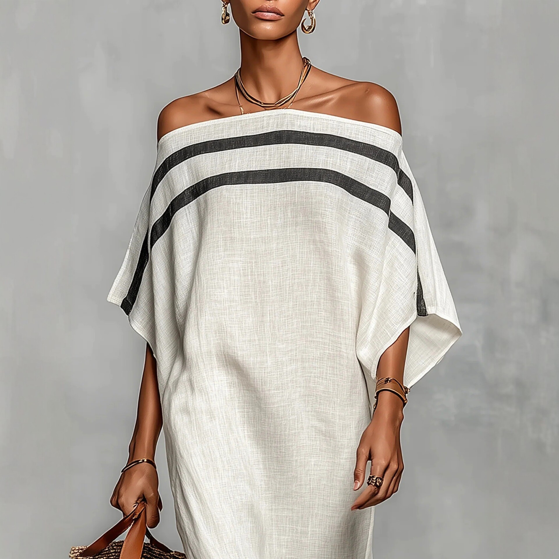 Striped Off-Shoulder Linen Dress Women's Summer Casual Long Dress