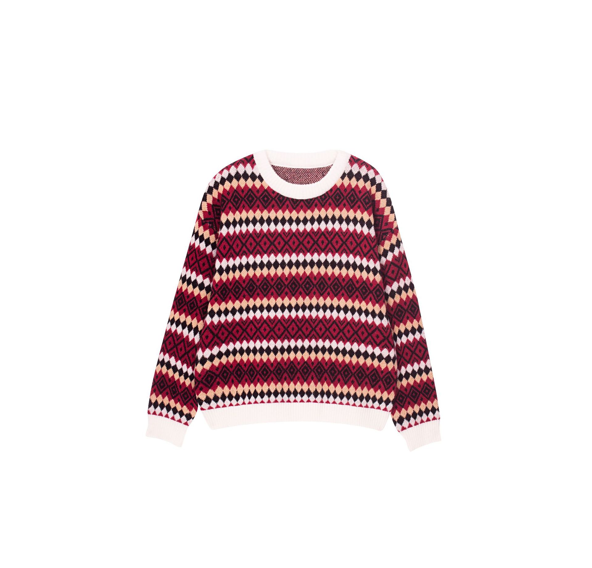 Retro Diamond Argyle Knit Jacquard Plaid Sweater Women's Long Sleeve Pullover
