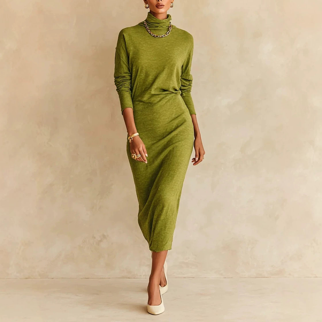 Women's Turtleneck Solid Bodycon Midi Dress Slim Fit Elegant