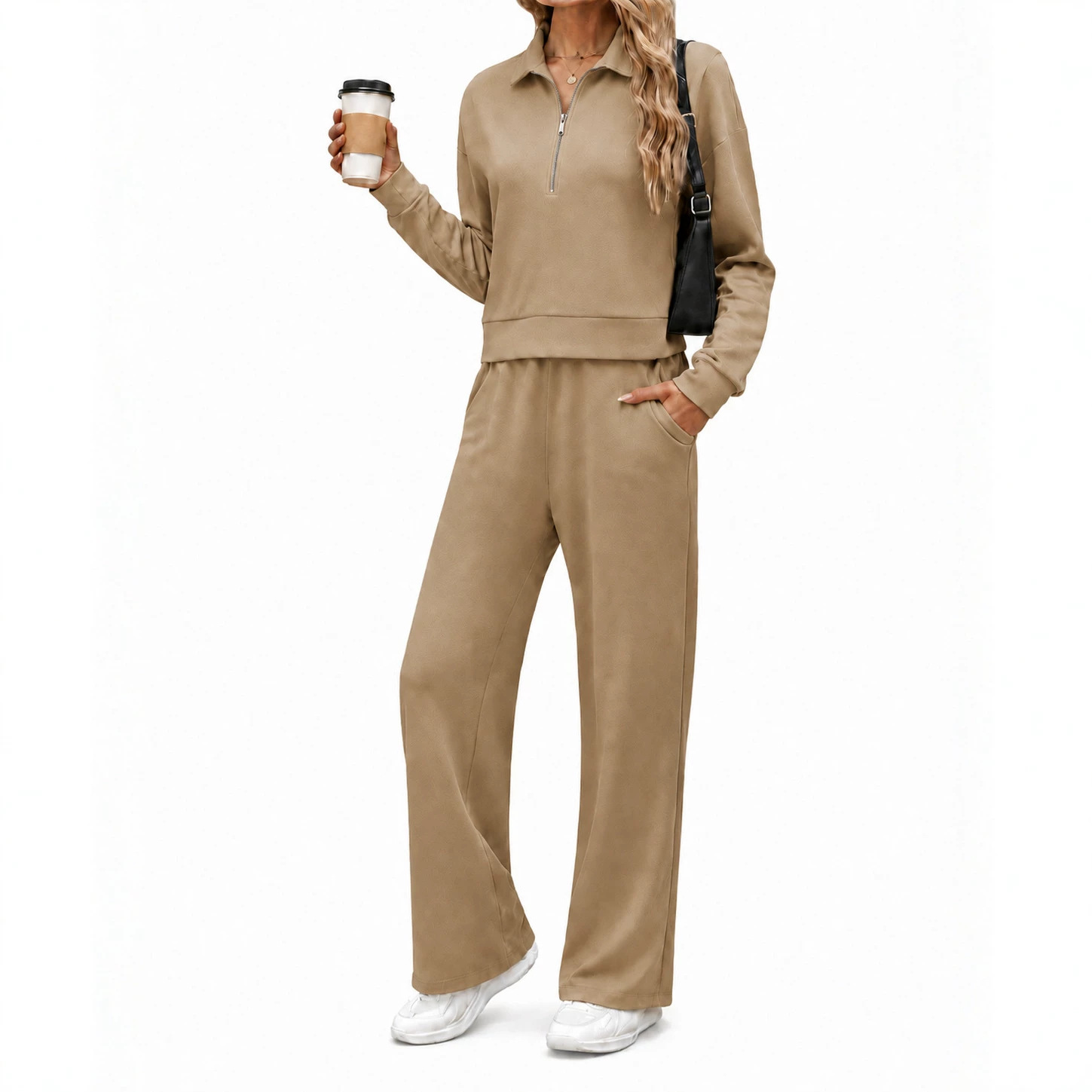 Women's Half-Zip Collared Sweatshirt & Wide-Leg Pants Set Casual Two-Piece