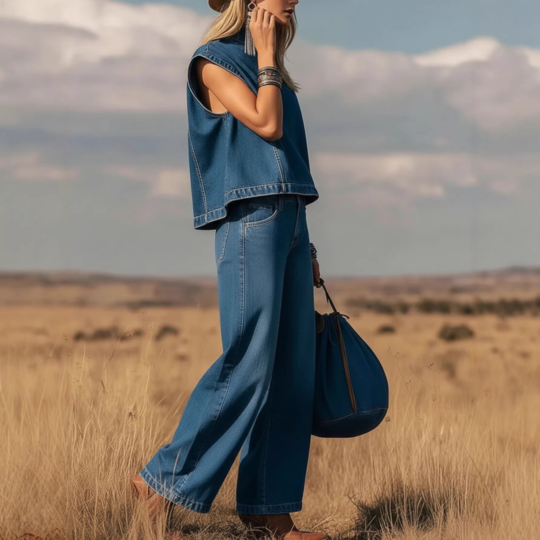 Women's Denim Two-Piece Set Sleeveless Stand Collar Vest and Wide-Leg Pants