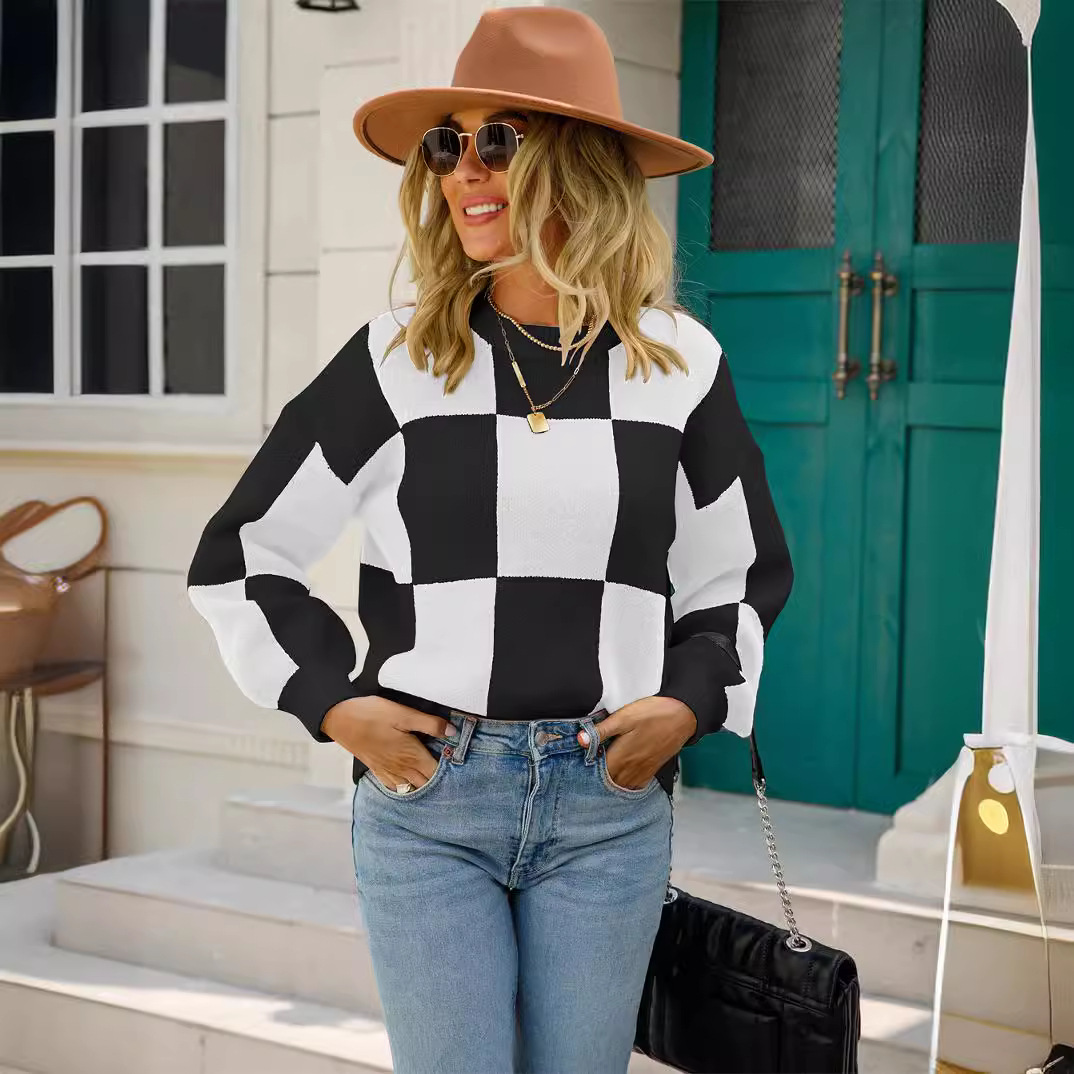 Striped Plaid Crewneck Knit Pullover Sweater