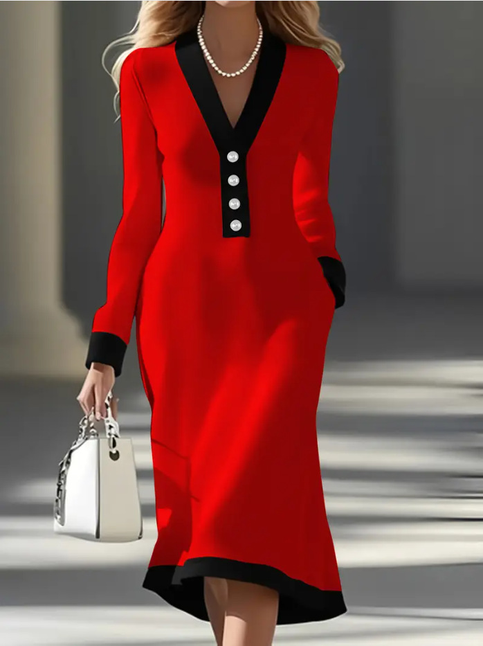 Elegant Color-Block V-Neck Midi Dress for Commuting
