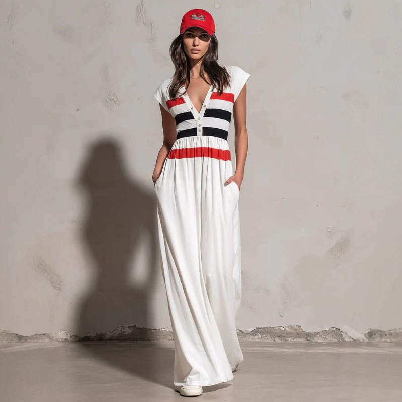 Retro Colorblock White Wide-Shoulder Long Dress