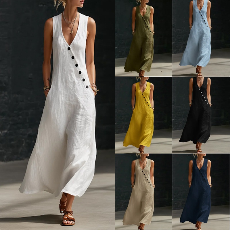 V-Neck Button-Front Sleeveless A-Line Maxi Dress