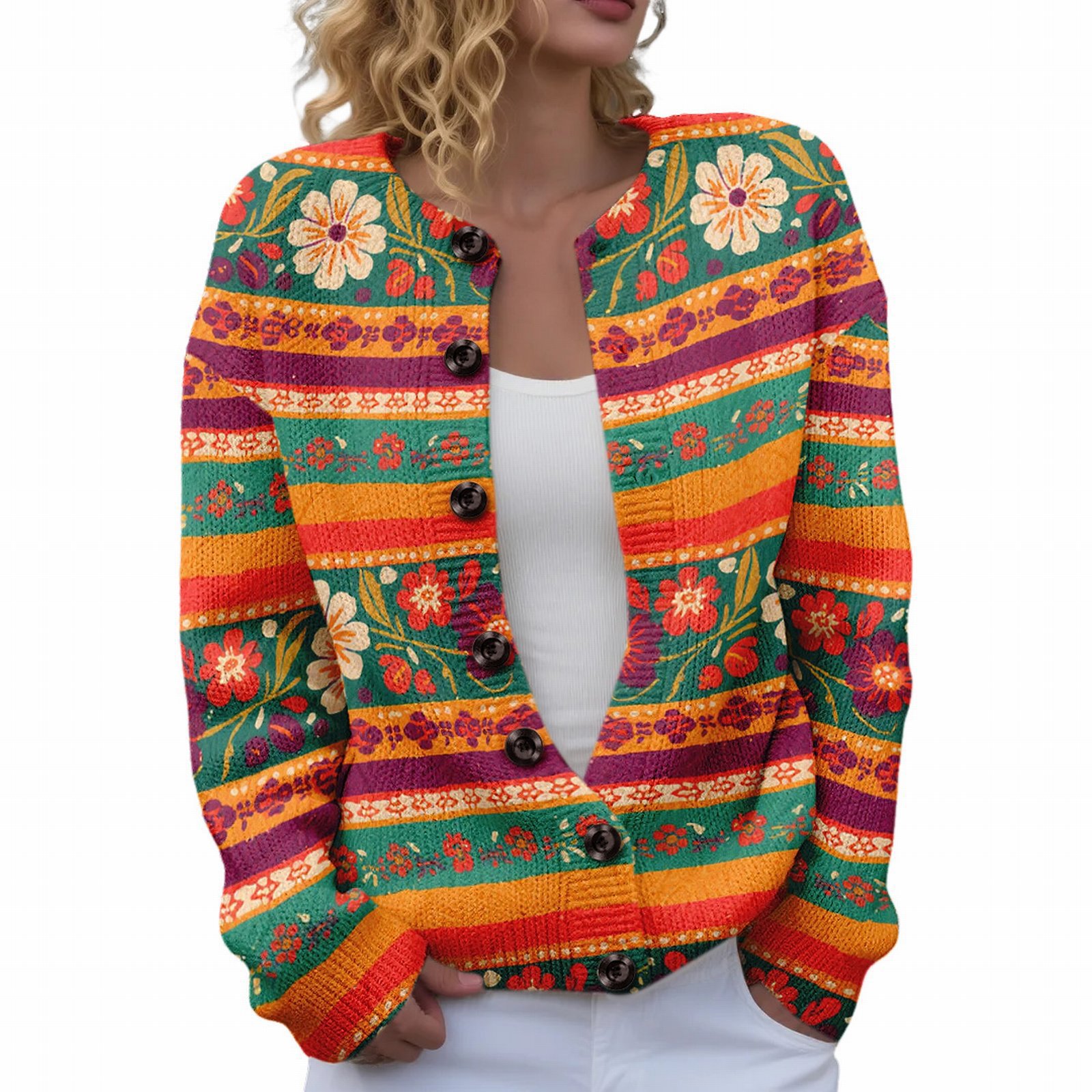 Women's Floral Maple Leaf Print Button Cardigan
