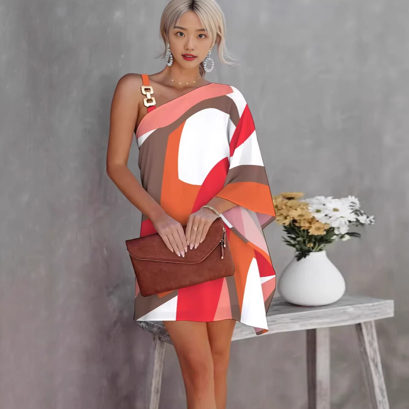 Women's Floral Print One-Shoulder Loose A-Line Dress