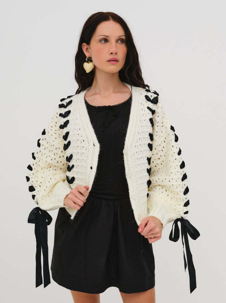 V-Neck Lace-Up Open Knit Cardigan Sweater Loose Casual Women's