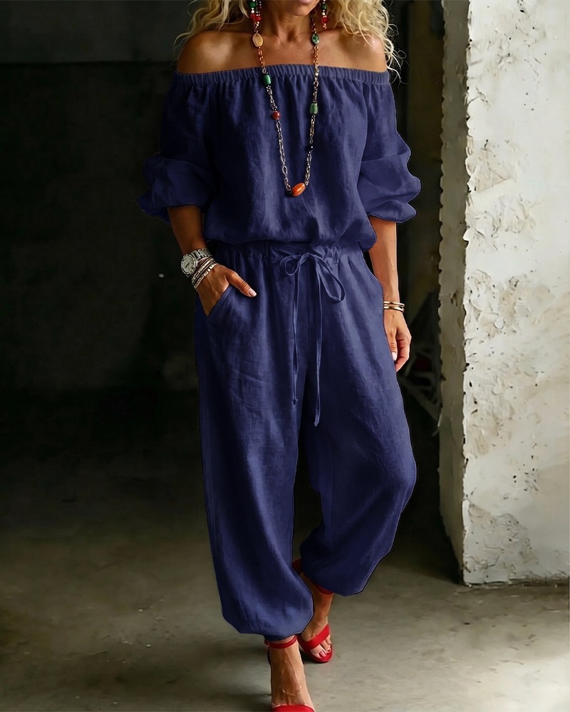 Women's 3/4 Sleeve Off-Shoulder Loose Two-Piece Set with Jogger Pants Solid Color
