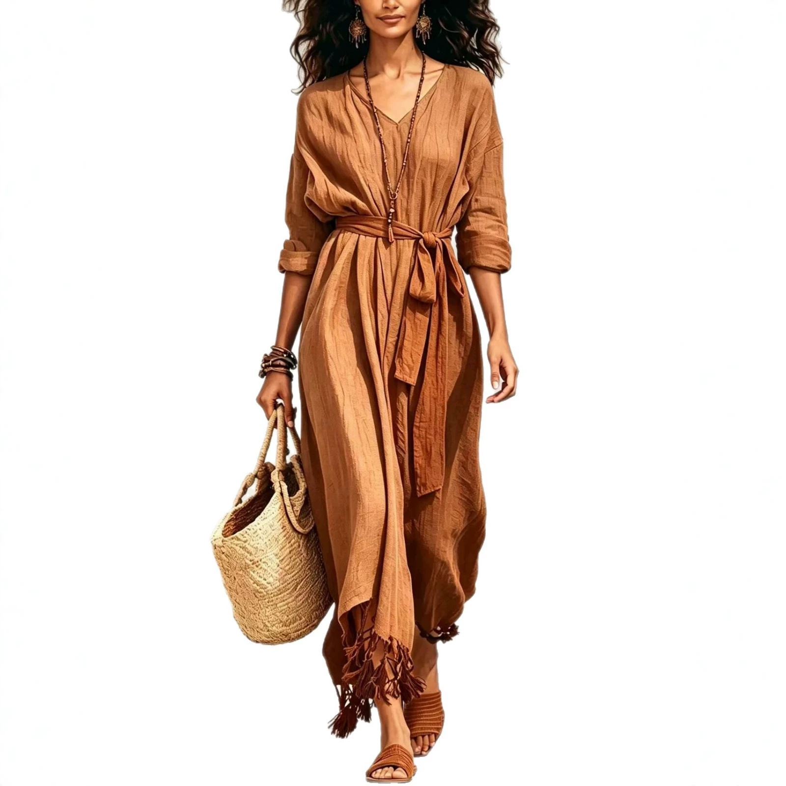 Boho V-Neck Tie-Front Fringe Hem Midi Dress