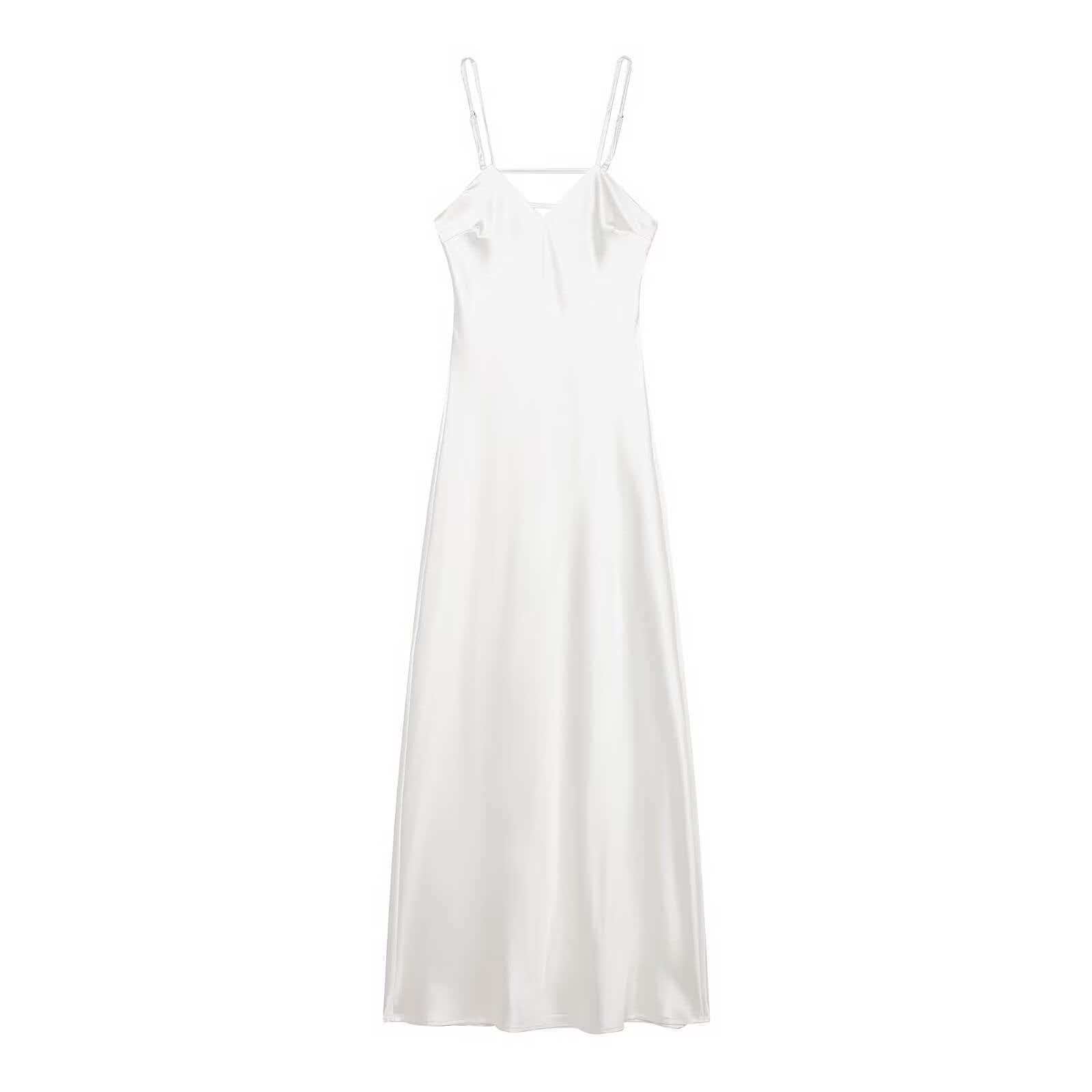 Satin-Feel Midi Cami Dress with V-Neck and Trim