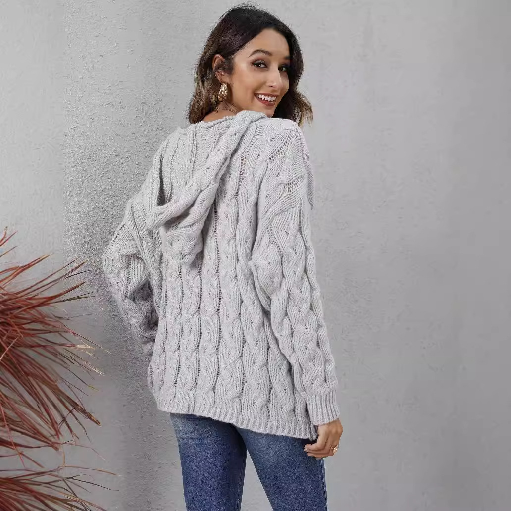 Women's Chunky Cable Knit V-Neck Hooded Pullover Sweater