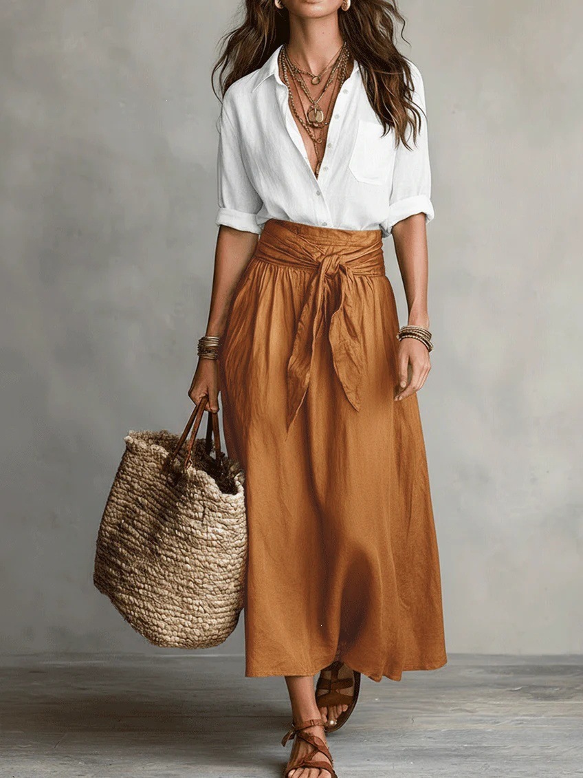 Women's Collared Shirt and Tie-Waist Midi Skirt Set