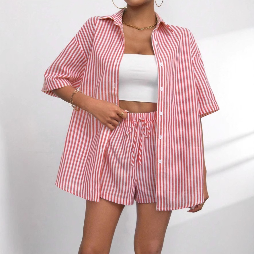 Women's Striped Short Sleeve Two-Piece Set with Collar