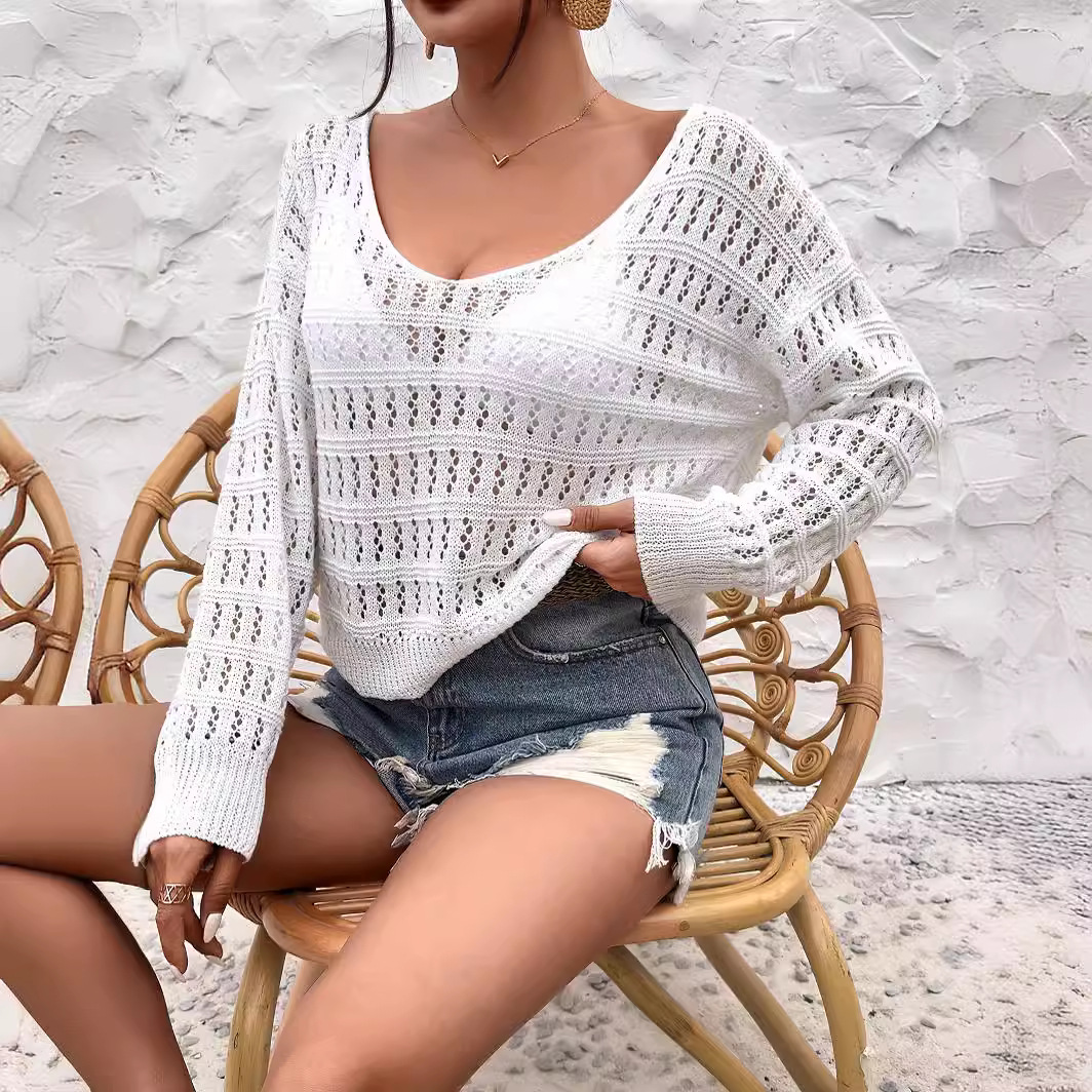 Women's Crochet Hollow-Out Off-Shoulder Long-Sleeve Knit Top