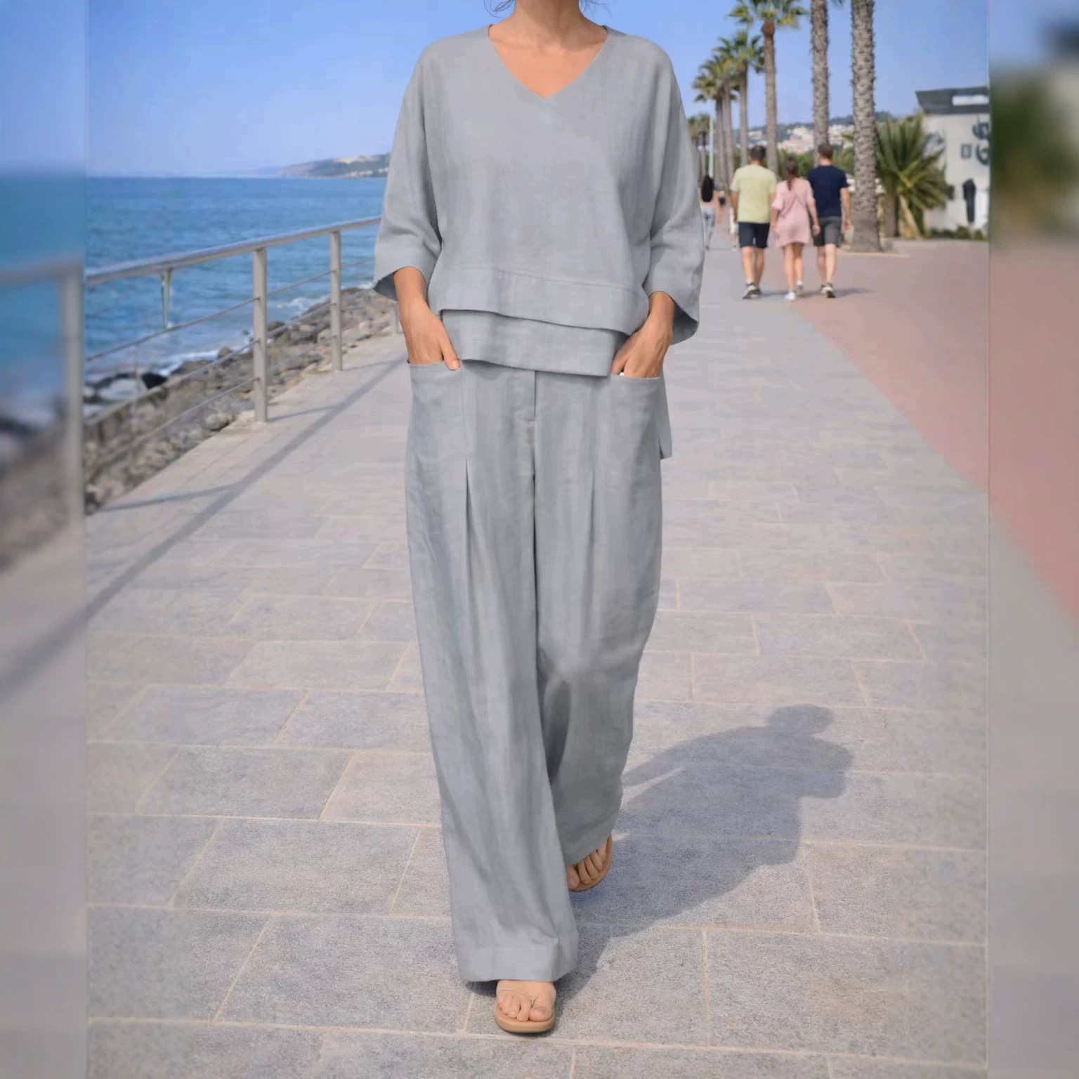 Solid Color Crewneck Long Sleeve Top and Straight Leg Pocket Pants Two-Piece Set