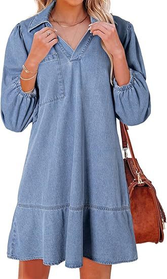 Women's Loose Denim Dress with V-Neck and 3/4 Bubble Sleeves