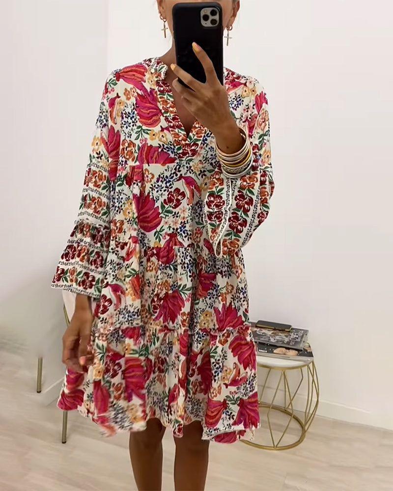 Women's Floral Print V-Neck Long Sleeve Loose Casual Midi Dress