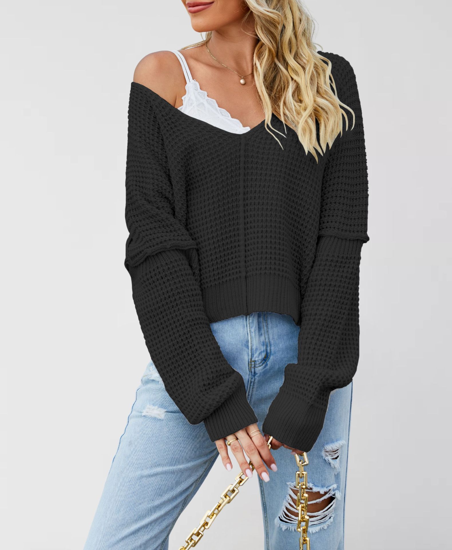 V-Neck Off-Shoulder Loose Knit Sweater