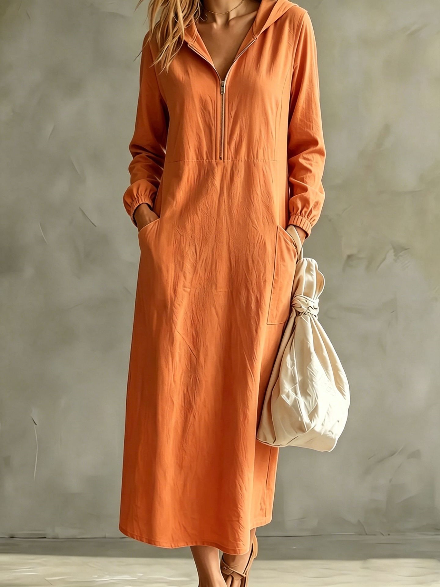 Hooded Half-Zip Long-Sleeve Cotton-Linen Maxi Dress with Cuffed Sleeves