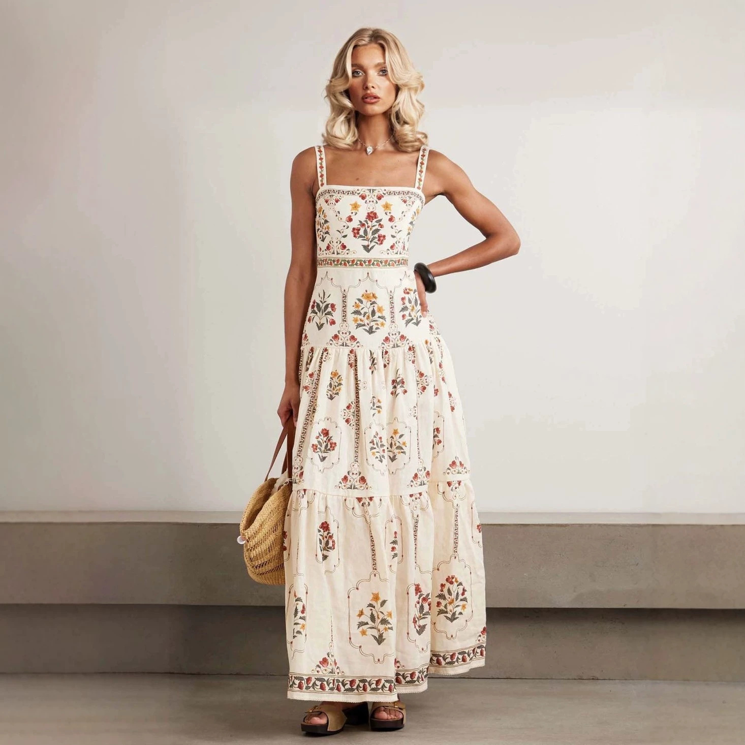 Bohemian High-Waist Floral Maxi Dress Sleeveless Beach Vacation