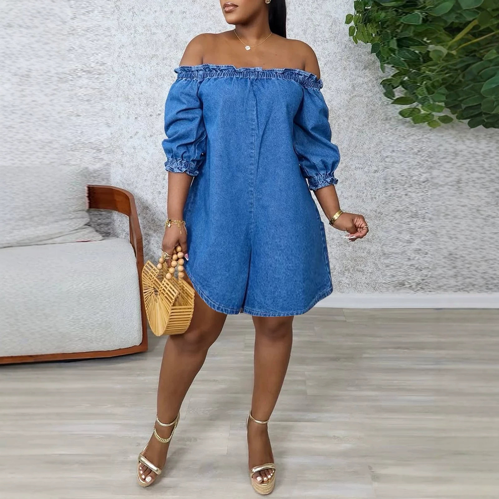 Slim-Fit Elegant Solid Lace-Trim Denim Romper Dress