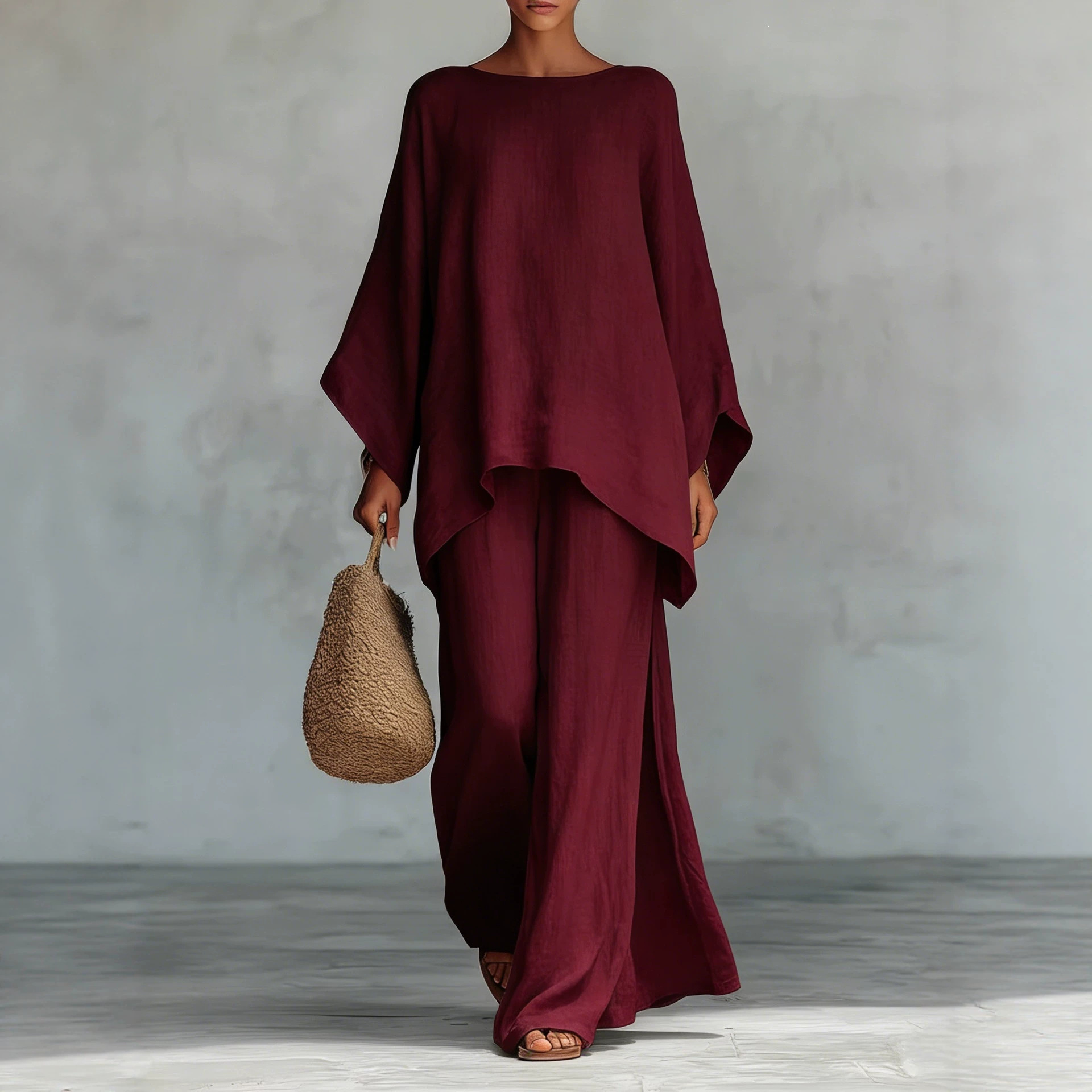 Women's Elegant Loose Cotton-Linen Top and Wide-Leg Pants Casual Set