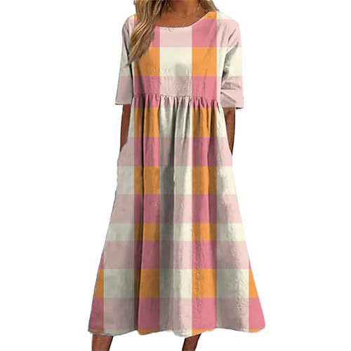 Women's Plaid Color-Block Floral Midi Dress with Pleated Details